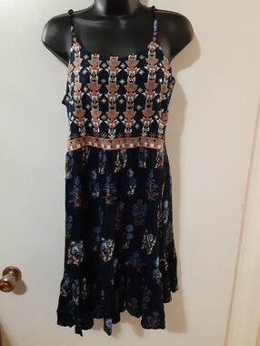 Papa Vancouver Boho Embroidered Smocked Midi Summer Dress Navy Festival M